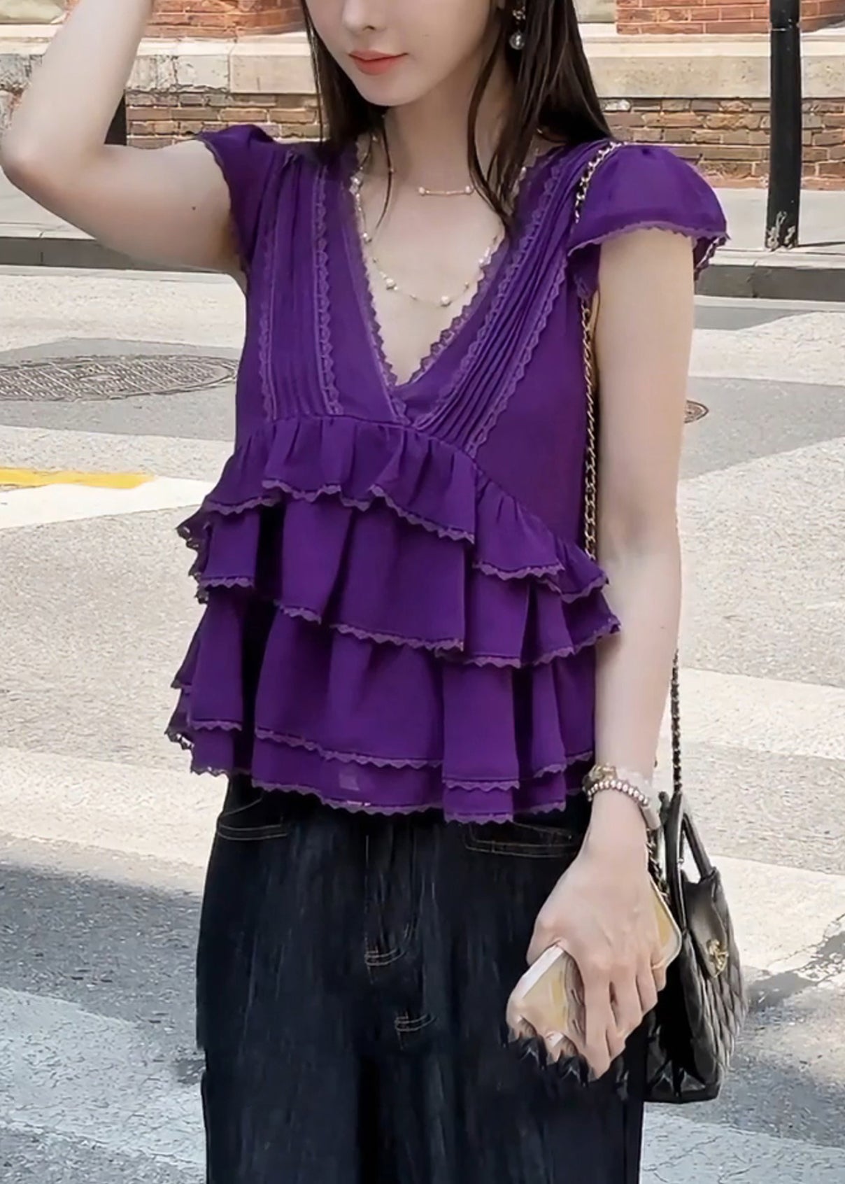 Purple V Neck Lace Layered Cotton T Shirt Summer