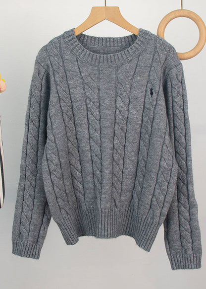 Grey O-neck Embroidered Knitted Sweaters Spring