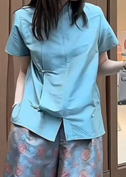 Blue Button Shirts and Crop Pants Two Piece Set Summer