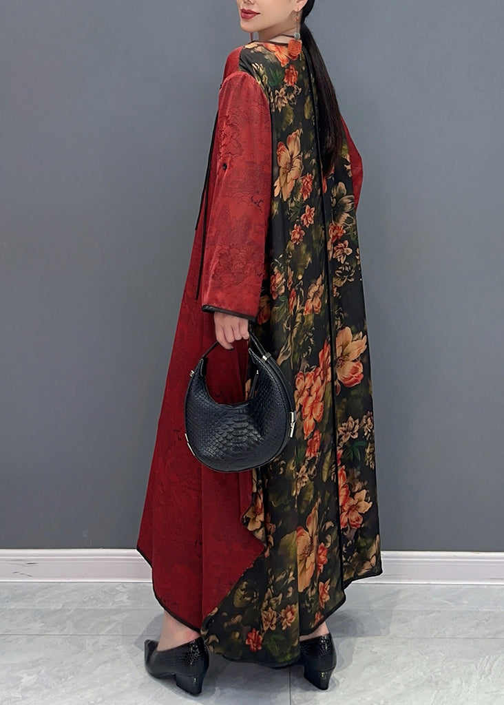 Chinese Style Red O-neck Patchwork Holiday Silk Long Dress Long Sleeve