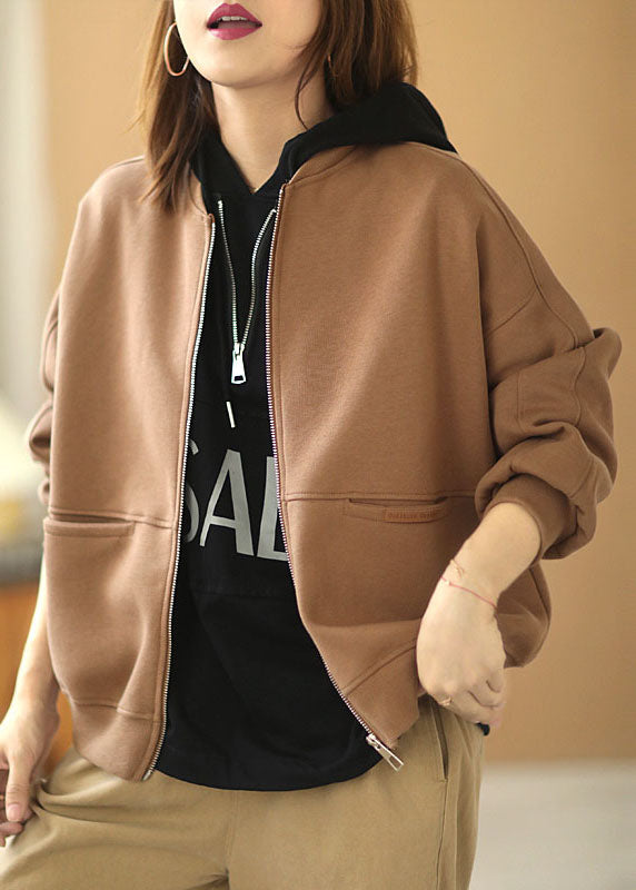 Khaki Zippered Pockets Fall Coats Long Sleeve