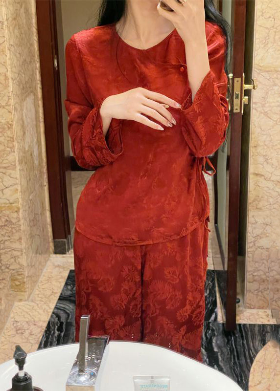 Jacquard Red O-neck Tie Waist Pajamas Two Pieces Set Spring