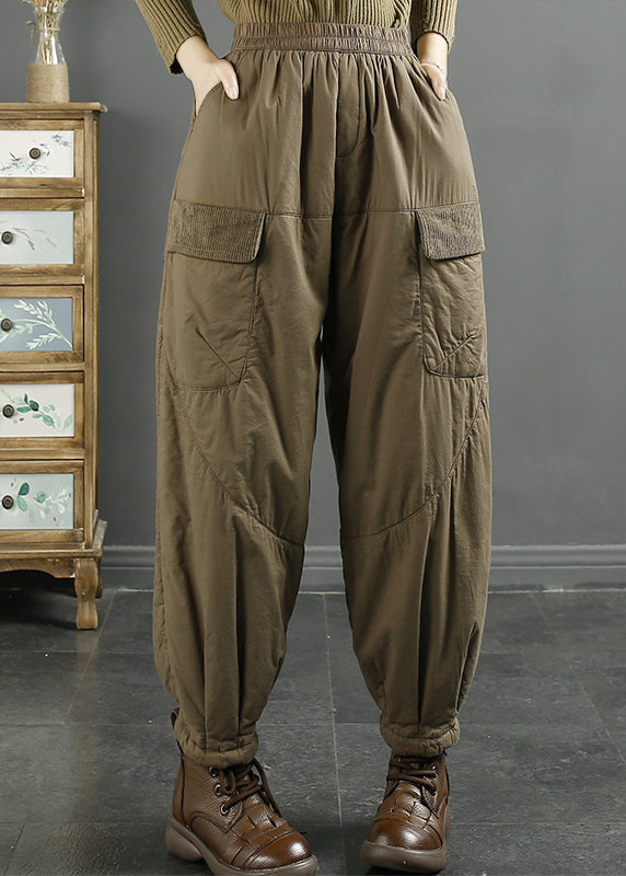Khaki Pockets Elastic Waist Fine Cotton Filled Pants Winter