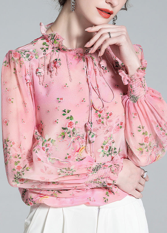 Pink Ruffled Print Tassel Neck Tiie Silk Shirt Long Sleeve Spring