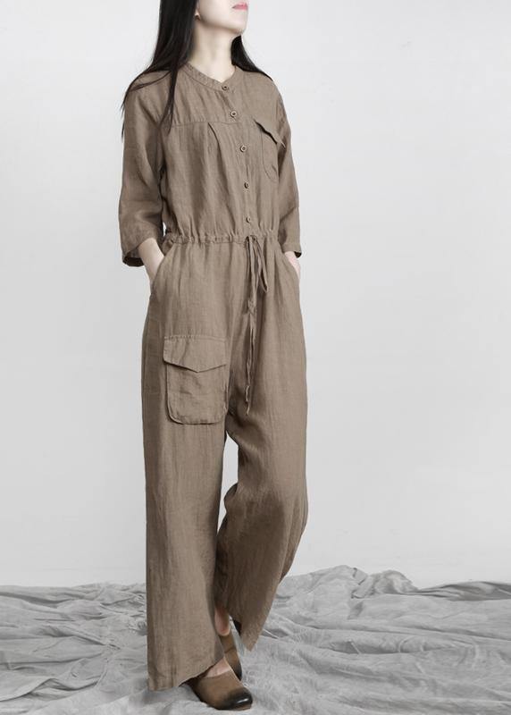 Burgundy Drawstring Half Sleeve Linen Body Suits Romper