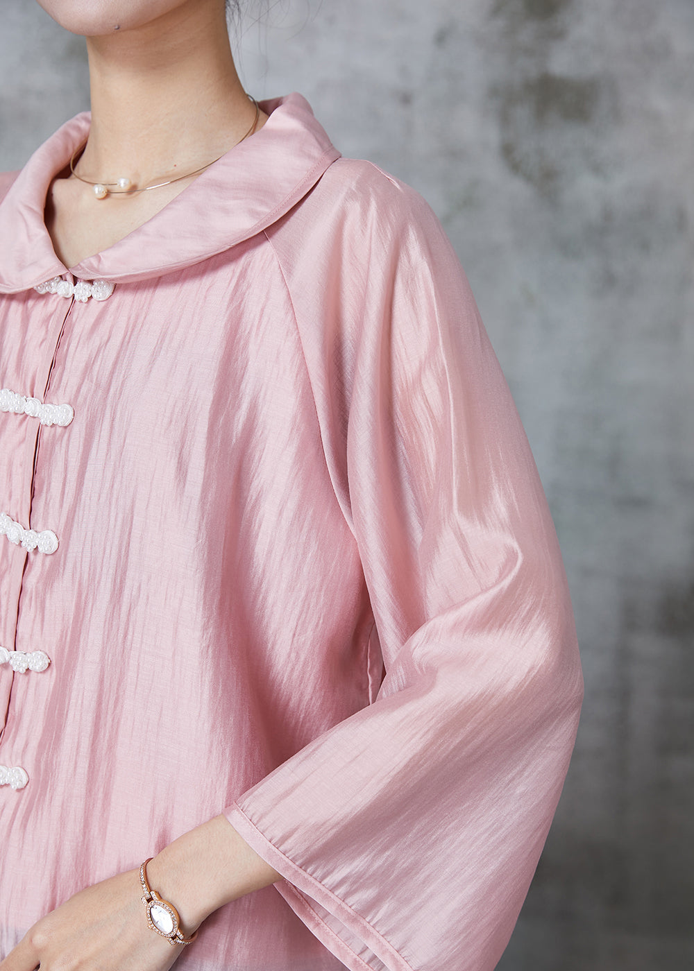 Pink Peter Pan Collar Chinese Button Silk Shirts Summer