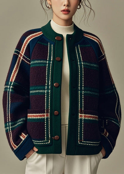 Green Plaid Button Patchwork Woolen Coats Winter