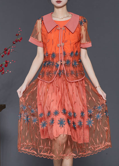 Orange Embroidered Patchwork Tulle Dresses Two Piece Set Summer