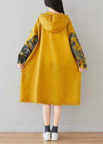 Fine Yellow Drawstring Hooded Print Pullover Dresses Spring