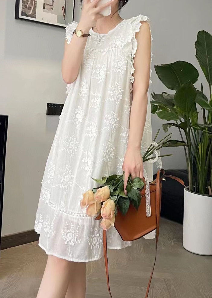 Beige O-neck Embroidered Silk Cotton Mid Dress Summer