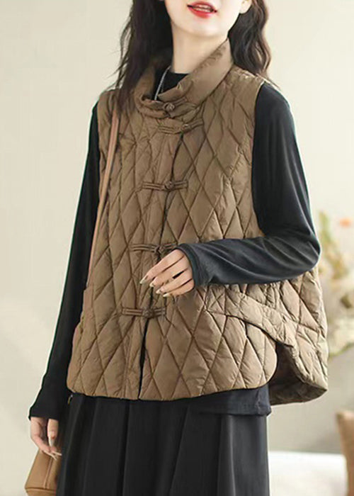 Coffee Button Pockets Patchwork Cotton Filled Waistcoat Sleeveless