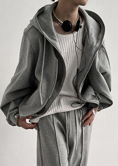 Grey Hooded Patchwork Zippered Cotton Fake Two Piece Coats Spring
