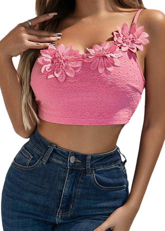 Pink Dimensional Flower Single Shoulder Camisole Top With