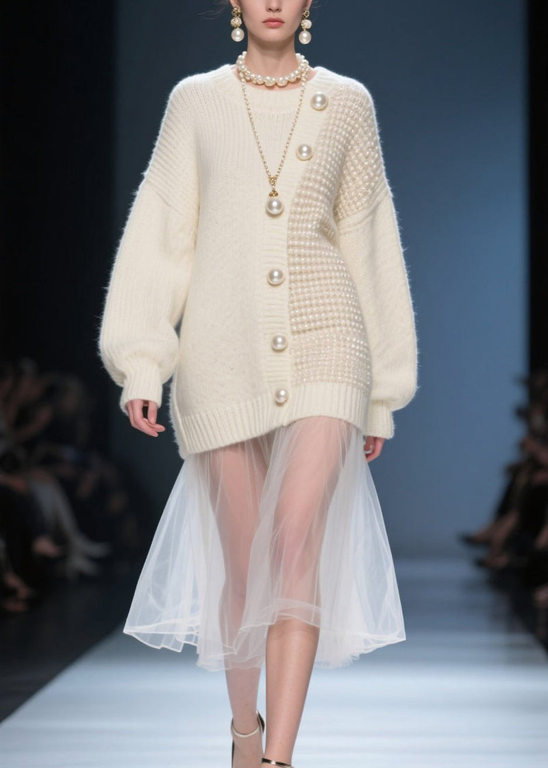 Beige O Neck Tulle Patchwork Knit Sweater Dress Fall