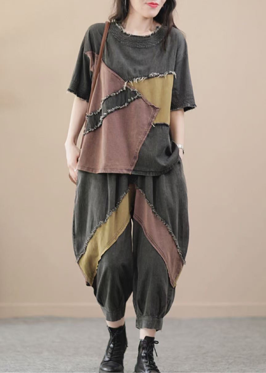 Blue O Neck Patchwork Denim 2 Piece Outfit Summer