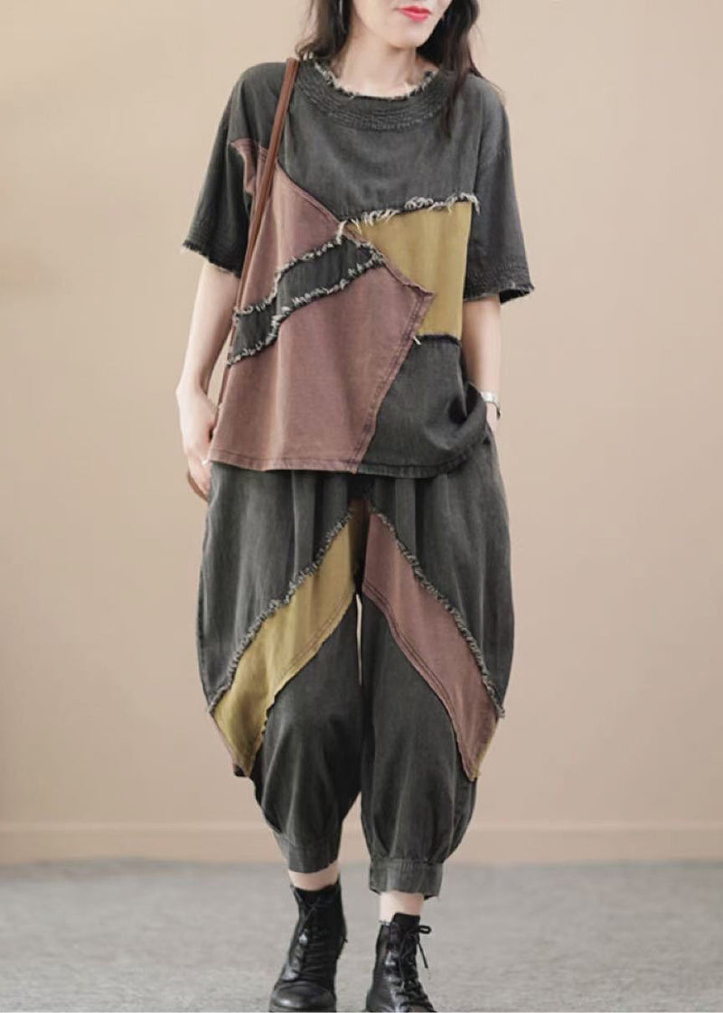 Blue O Neck Patchwork Denim 2 Piece Outfit Summer