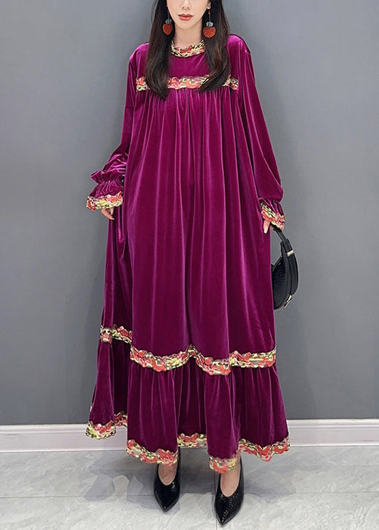 New Purple Wrinkled Patchwork Silk Velour Long Dresses Long Sleeve