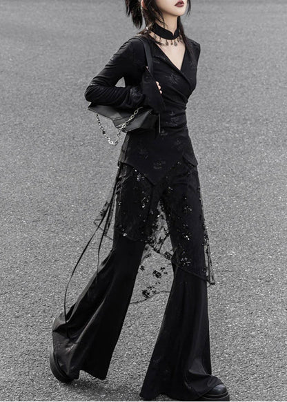 Black V Neck Patchwork Tulle Silm Fit Sets 2 Pieces Spring