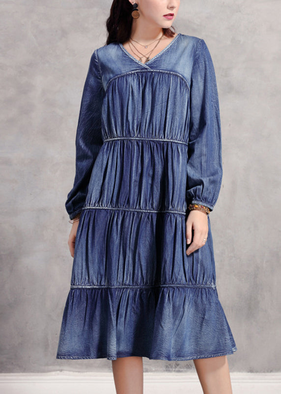 Blue V Neck Wrinkled Patchwork Denim Long Dress Long Sleeve