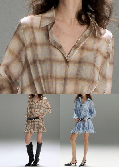 Blue Plaid Wrinkled Cotton Mini Dress Peter Pan Collar