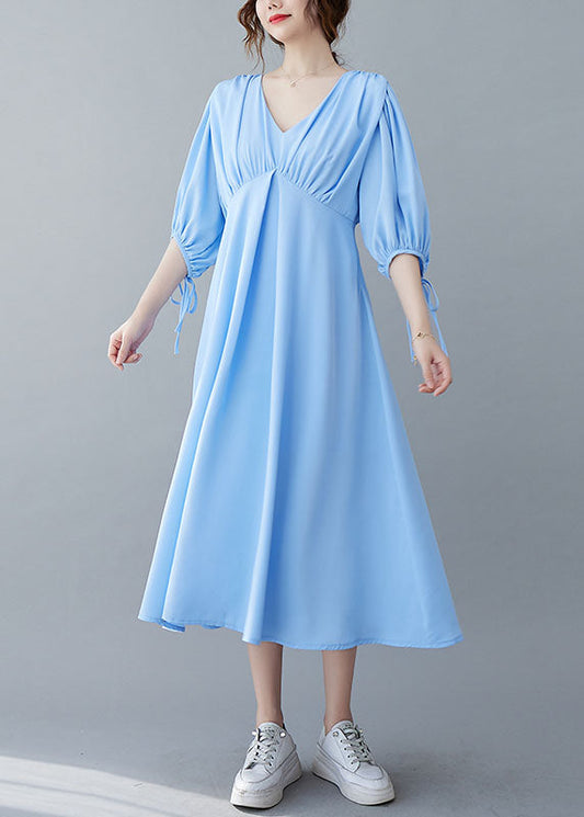 Blue V Neck Wrinkled Chiffon Long Dresses Bracelet Sleeve