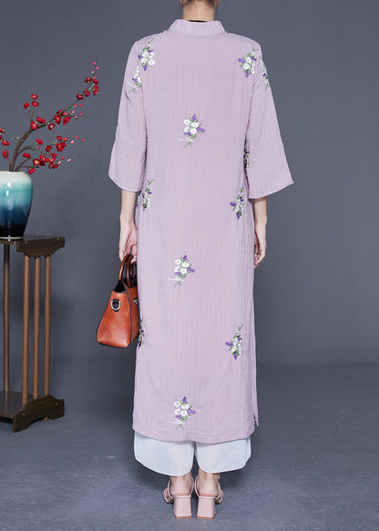 Purple Embroideried Chinese Button Linen Long Dresses Bracelet Sleeve