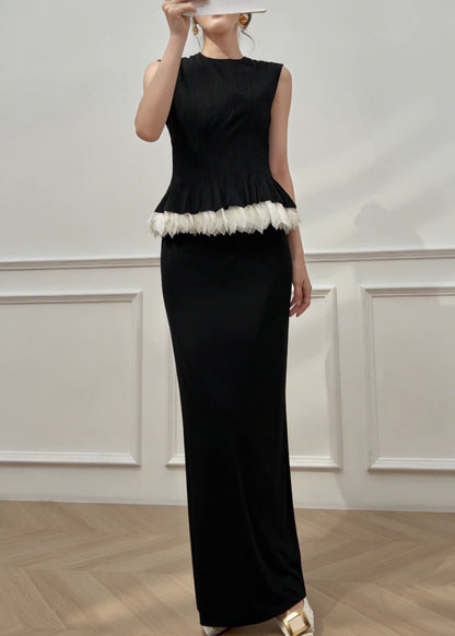 Black O-neck Patchwork Top and Maxi Skirts Two Pieces Set Summer