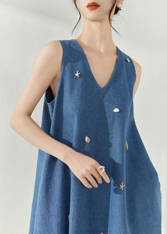 Blue V Neck Holiday Denim Mid Dress Summer