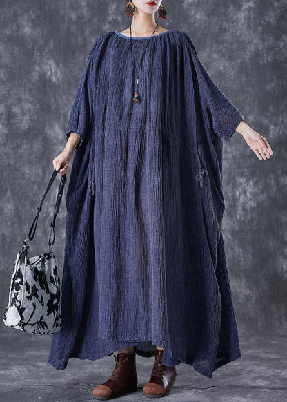Navy Oversized Drawstring Linen Long Smock Dresses Fall
