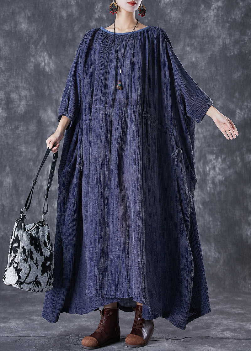 Navy Oversized Drawstring Linen Long Smock Dresses Fall