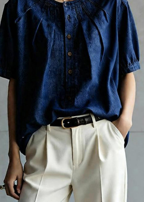 Navy O Neck Button Wrinkled Denim Top Summer