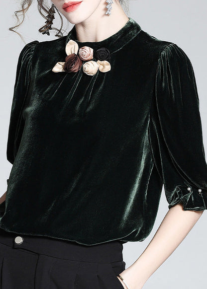 Blackish Green Stand Collar Silk Velour Top Short Sleeve