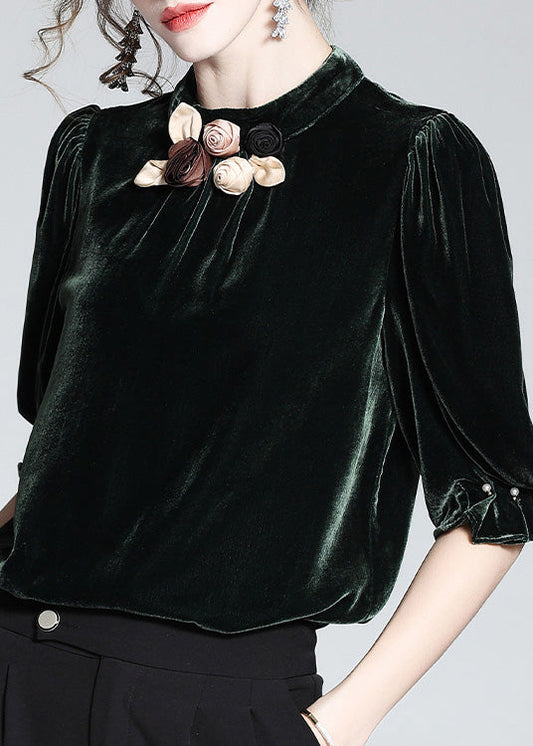 Blackish Green Stand Collar Silk Velour Top Short Sleeve