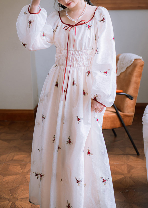 White Embroidered Elastic Waist Cotton Long Dresses Fall