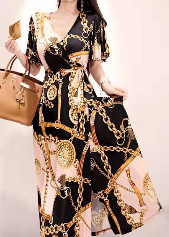 Gold V Neck Print Lace Up Cotton Long Dresses Summer