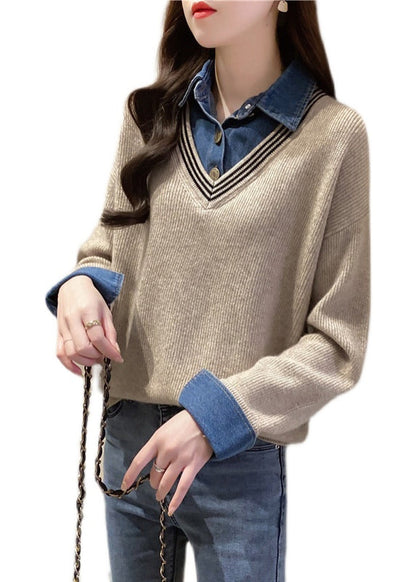 Khaki Peter Pan Collar Denim Patchwork False Two Pieces Knit Shirt Fall