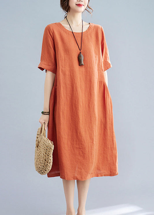 Orange O-neck Wrinkled Pockets Linen Dresses Short Sleeve