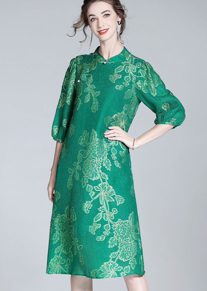 Green Embroideried Patchwork Chinese Button Silk Dresses Summer