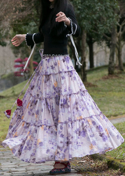 Purple Wrinkled Print Patchwork Cotton Skirts Summer