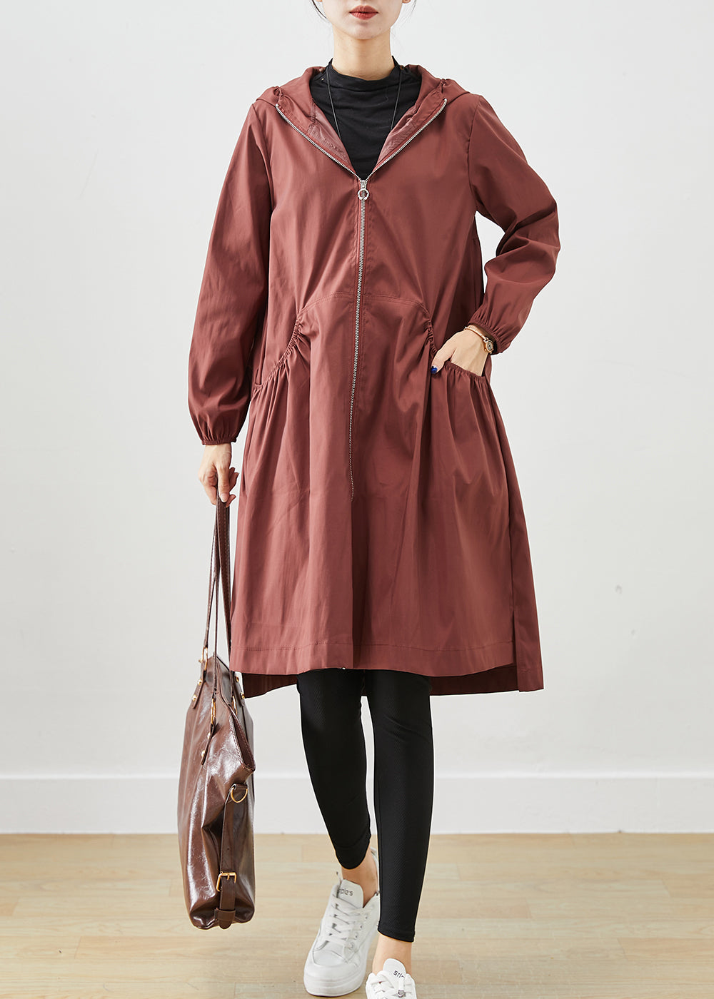 Chocolate Hooded Pockets Cotton Coats Fall