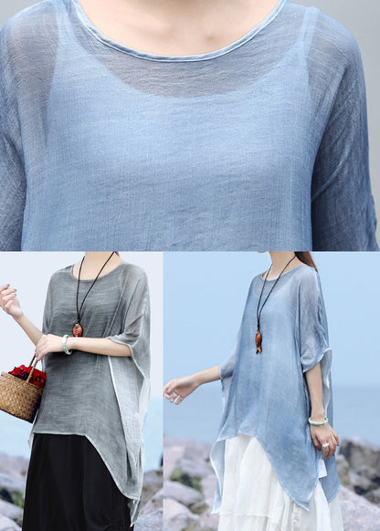 Grey Loose Linen Upf 50+ Tops Low High Design Short Sleeve