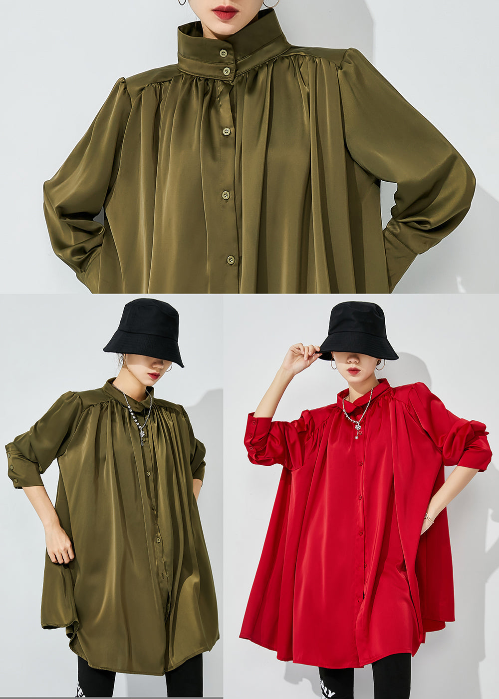 Red Stand Collar Oversized Wrinkled Silk Shirt Top Spring