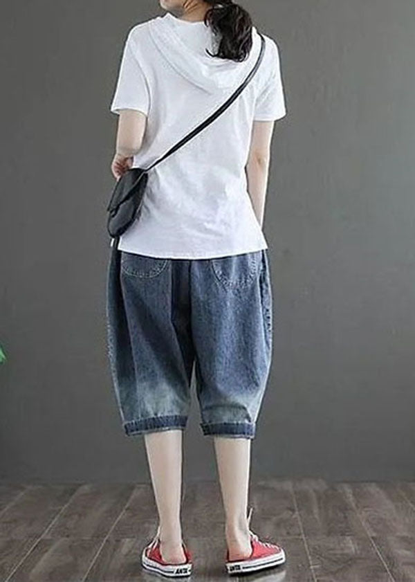 Denim Blue Hole Embroideried Pockets Cotton Harem Pants Summer