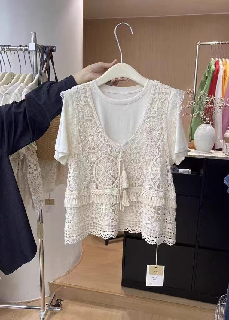 Apricot O-neck Tassel Lace Tank Summer