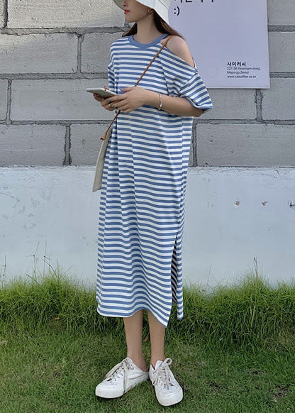 Blue Striped Cotton Robe Dresses Cold Shoulder Summer