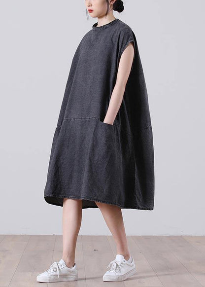 Grey Sleeveless Pockets Loose Vacation Summer Cotton Dress
