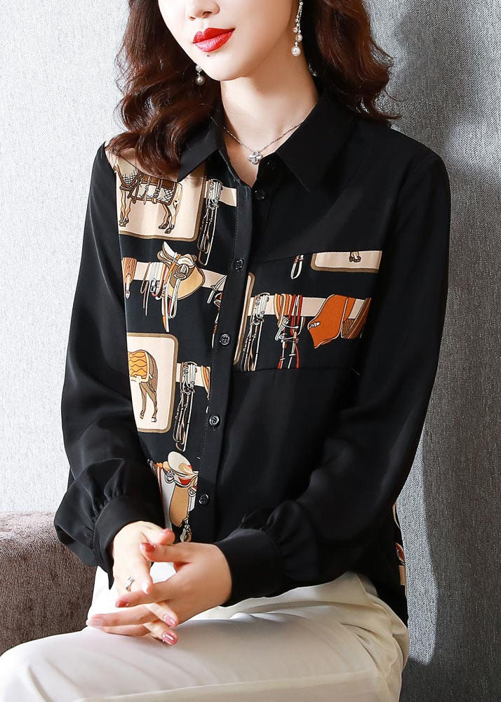 Natural Black Long Sleeve Patchwork Spring Shirt Tops