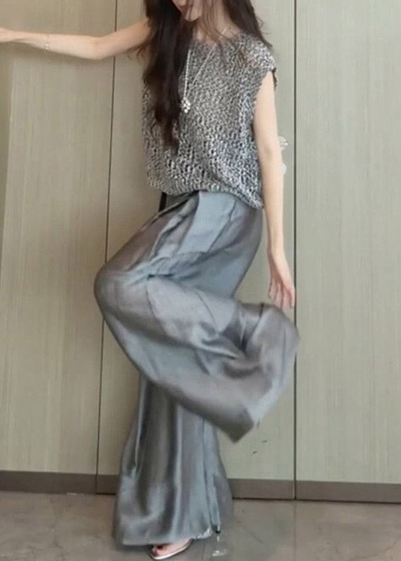 Stylish Grey Print T Shirt and Wide Leg Pants Two Pieces Set Summer
