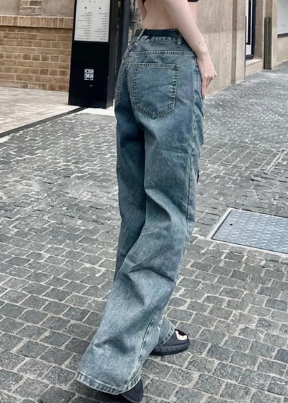 Blue Hollow Out Patchwork Tulle Denim Straight Pants Spring