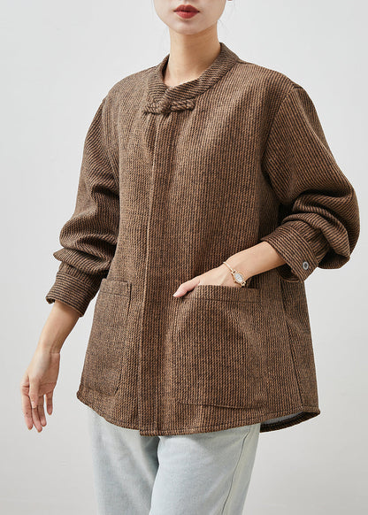 Brown Chinese Button Pockets Cotton Coats Spring
